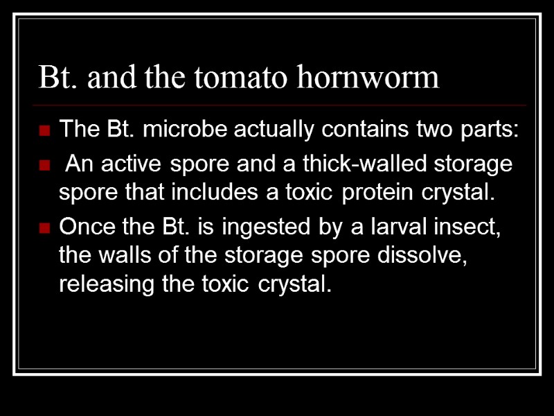 Bt. and the tomato hornworm The Bt. microbe actually contains two parts:  An